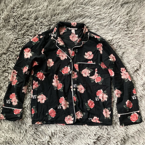 Victoria's Secret XS Black and Pink Floral Pajama Top Cotton Long Sleeve Button - Picture 4 of 7